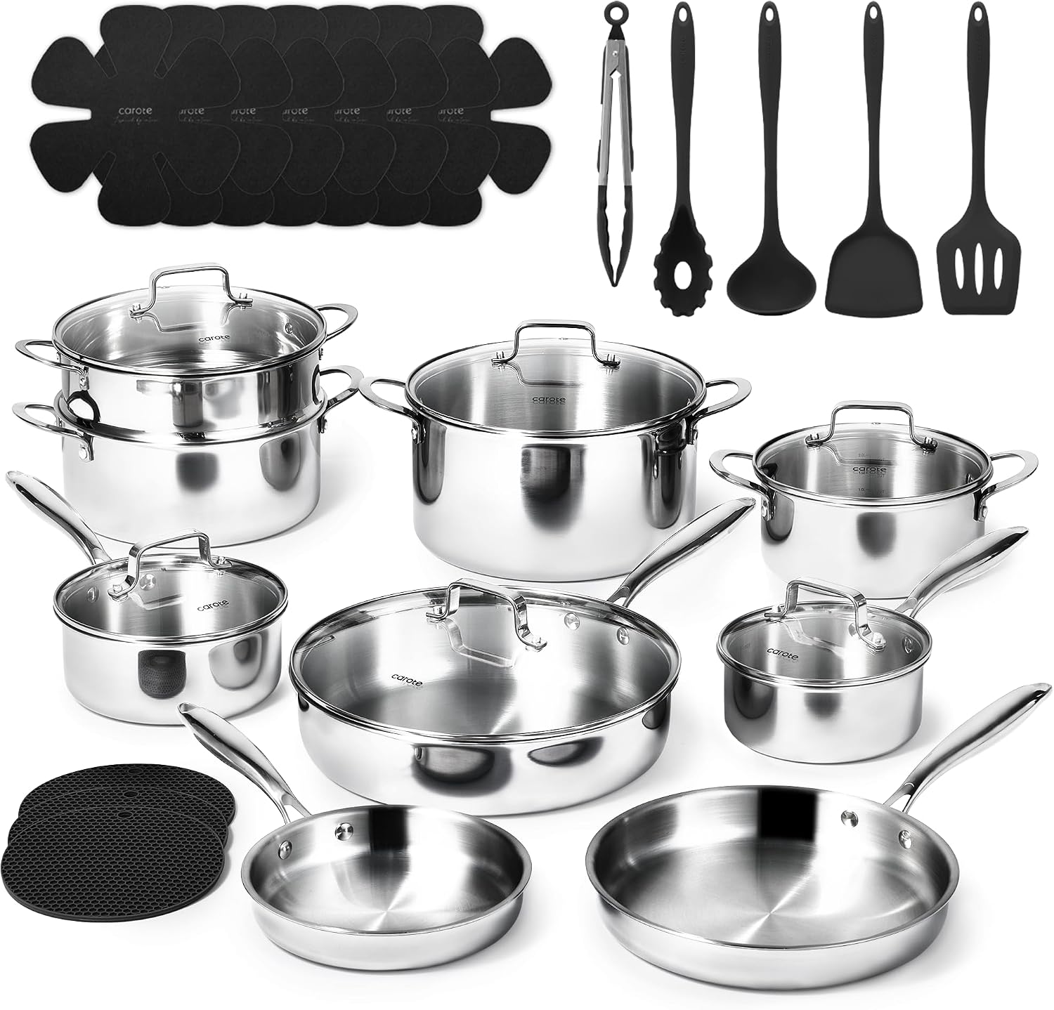 Detalle de CAROTE 23PCS Tri‑Ply Stainless Steel Cookware Set