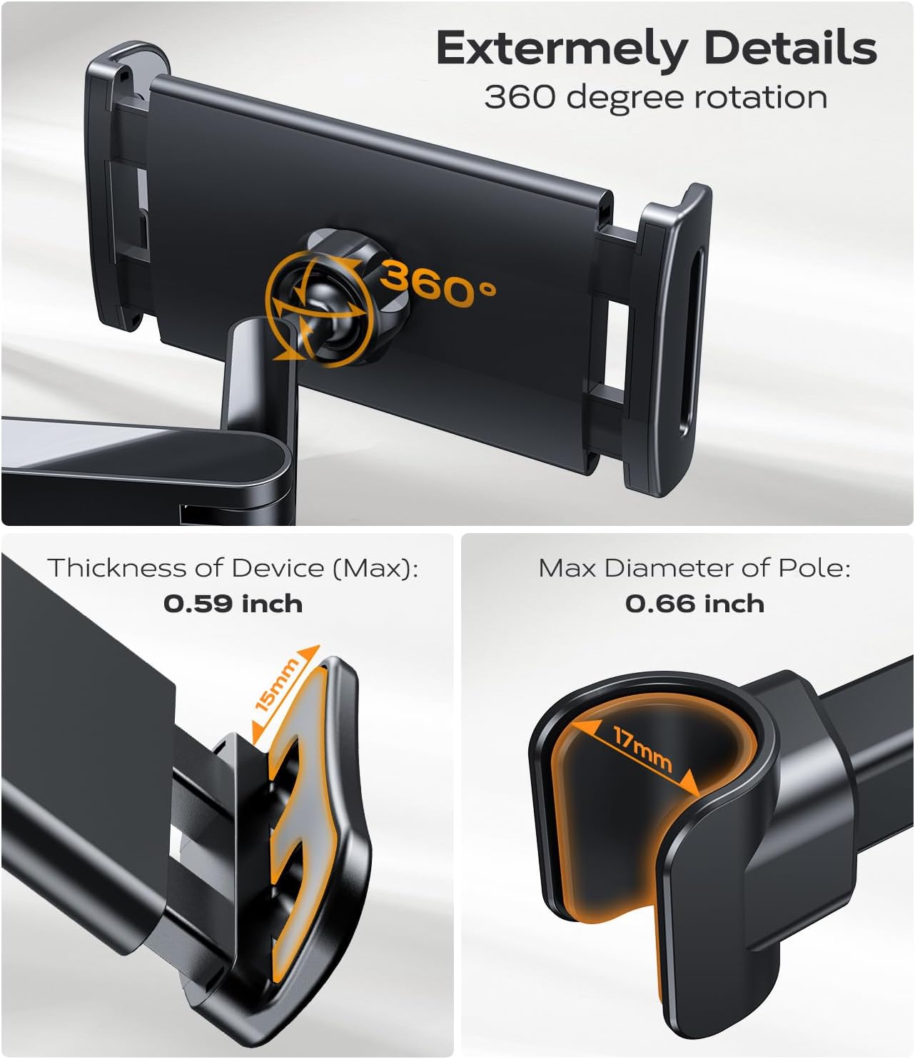 Detalle de AHK Support Tablette Voiture Extensible — Support d'appuie-tête rotatif 360° pour tablettes 4,4–11 pouces