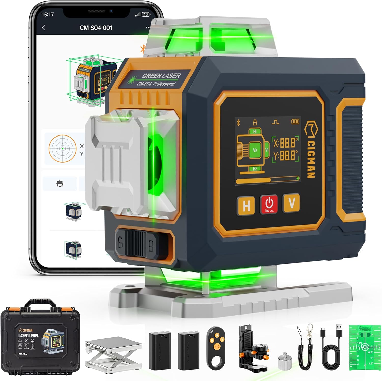 Detalle de CIGMAN Kreuzlinienlaser CM-S04 (grün) mit App-Steuerung – selbstnivellierend, 4×360° und LCD-Display