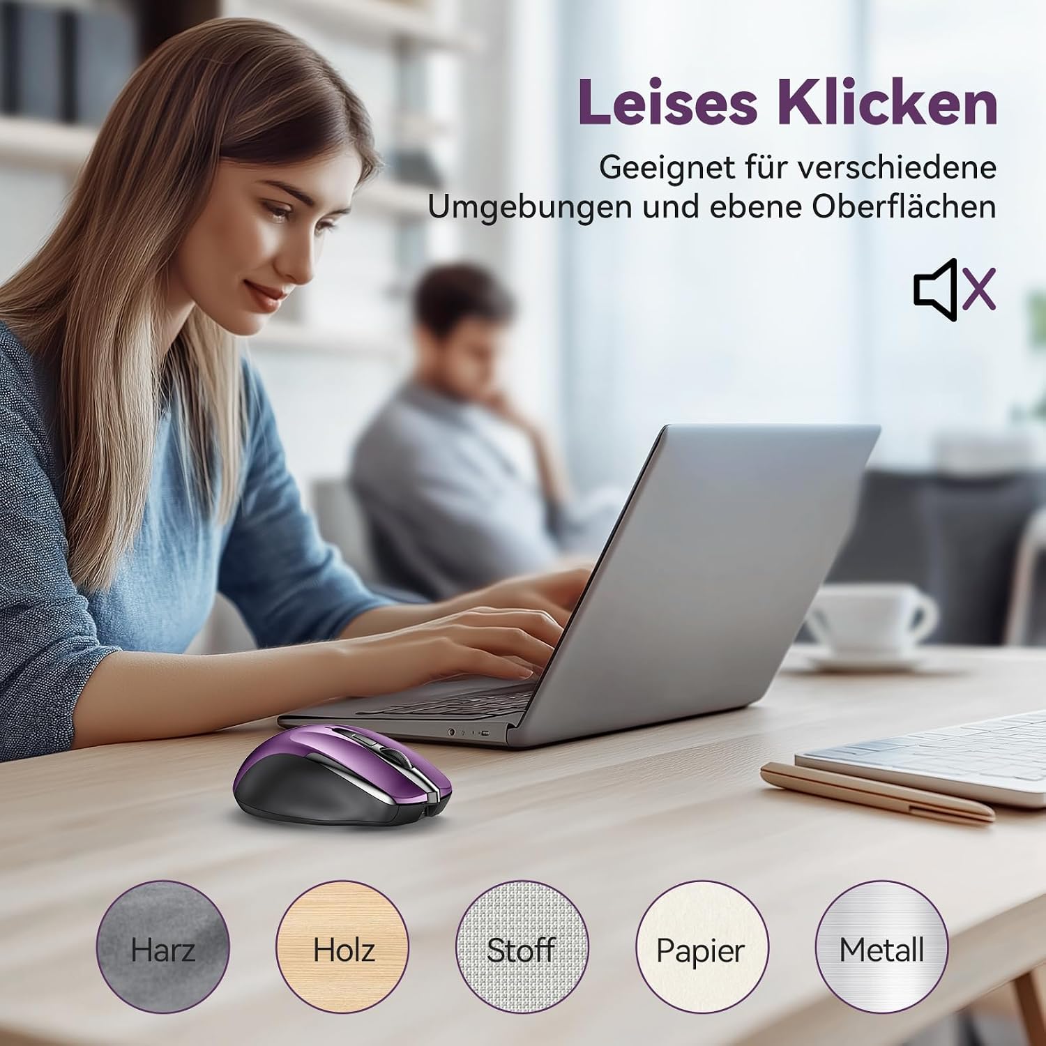 Detalle de TechRise Bluetooth Maus (BT 5.0/3.0 + 2.4G) mit USB-A Empfänger, 4800 DPI, lila – wiederaufladbar, leise