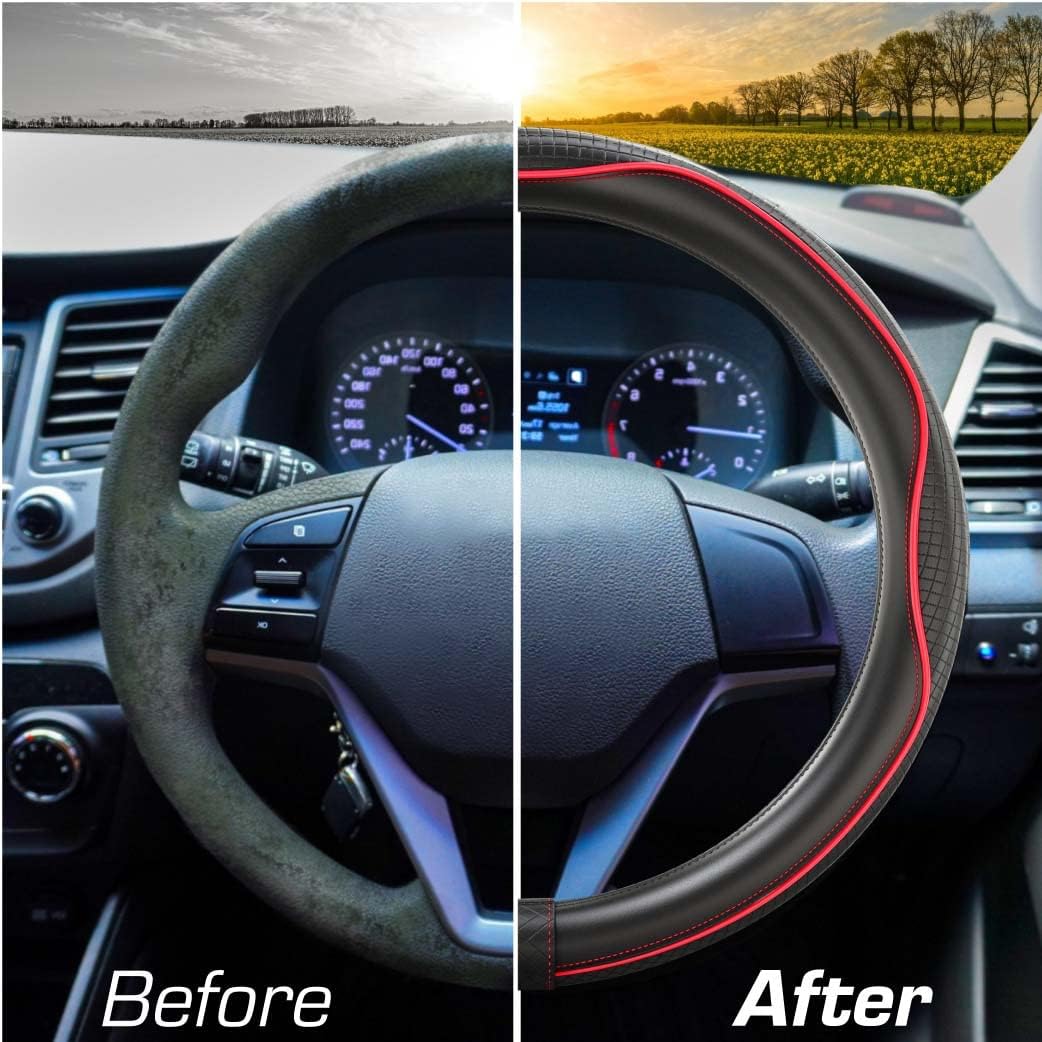 Thumbnail 5 de Upgrade4cars Red & Black Leather Look Steering Wheel Cover – 14.5–15 inch Universal Fit