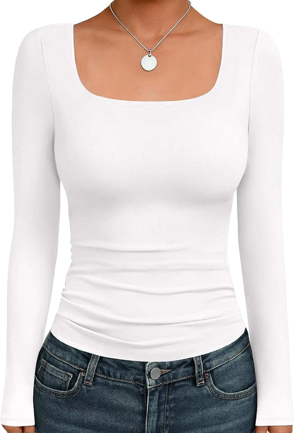 Detalle de Ekouaer Long-Sleeve Square-Neck Fitted Underscrub Top, XS–XXL