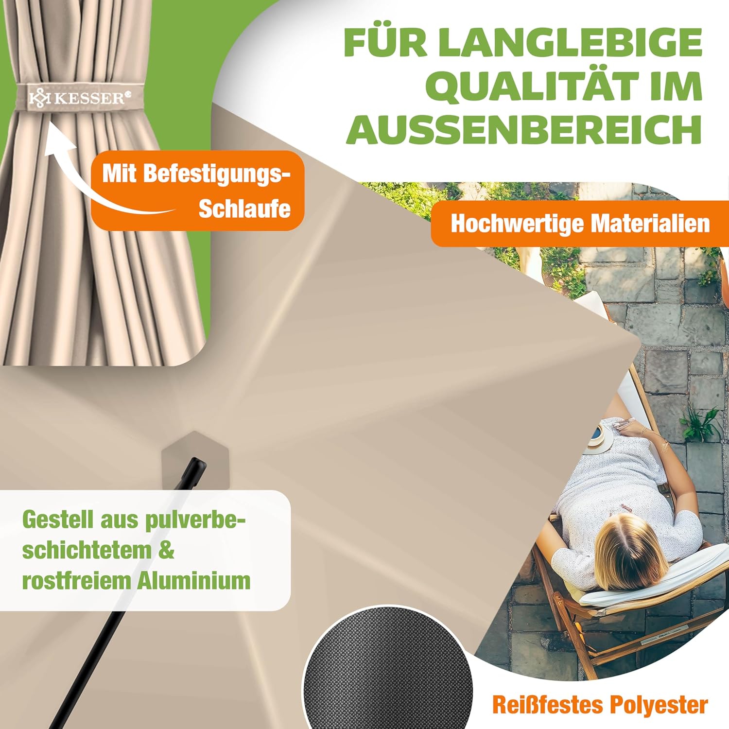 Thumbnail 2 de KESSER Sonnenschirm 250x250 cm – Kurbelschirm aus Aluminium, UV-Schutz, Windfest, Beige