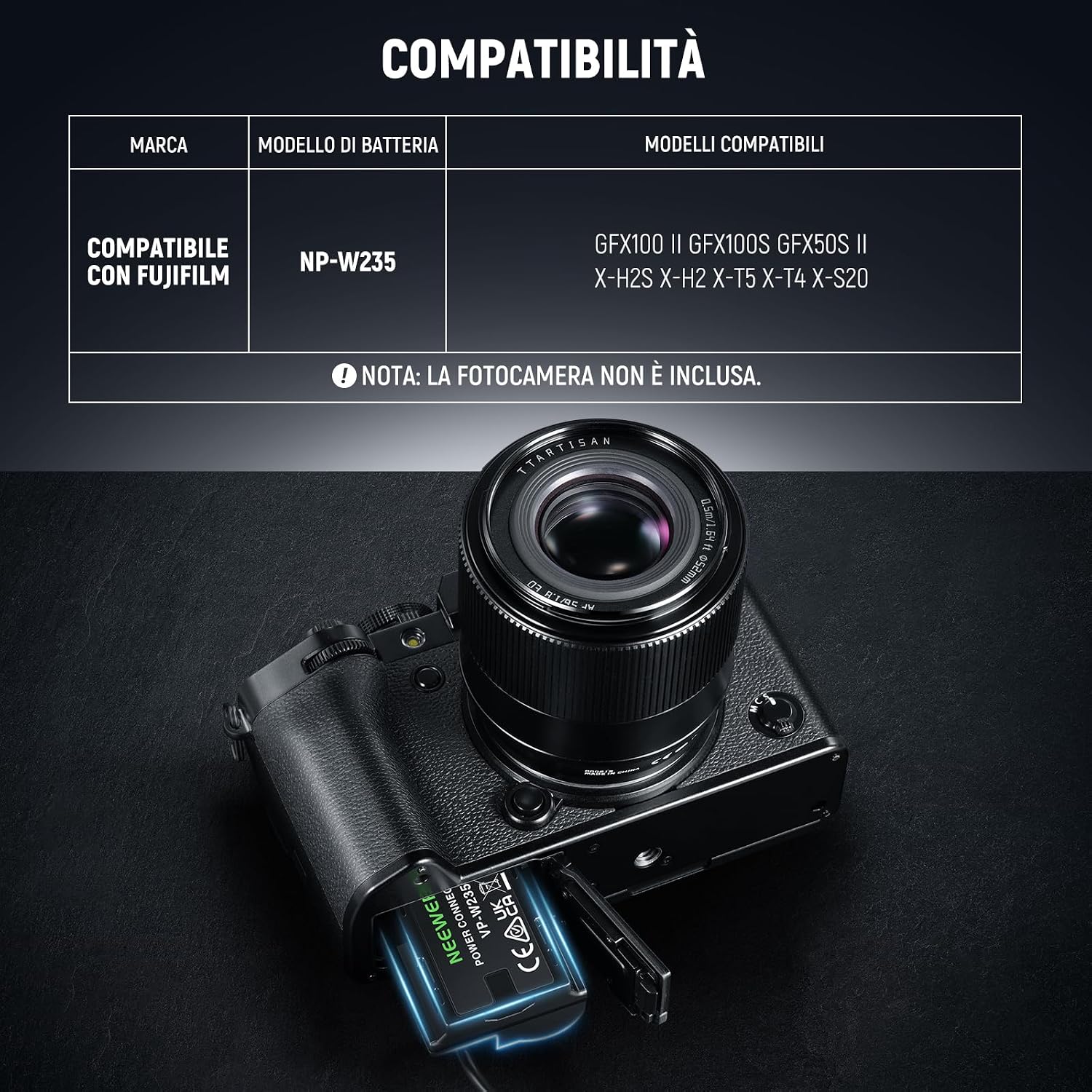Detalle de NEEWER batteria finta D-Tap per NP-W235 con cavo per batterie V-Mount (VP-NPW235) per Fujifilm e mirrorless