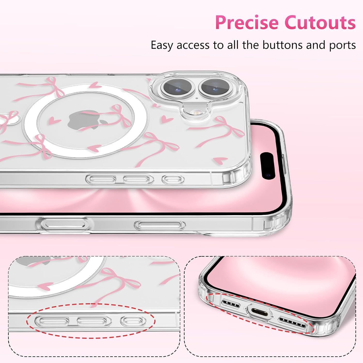 Thumbnail 2 de ZTOFERA magnetische Handyhülle für iPhone 16 (6,1 Zoll) – transparente TPU-Schutzhülle mit Schleife & Herz (rosa)