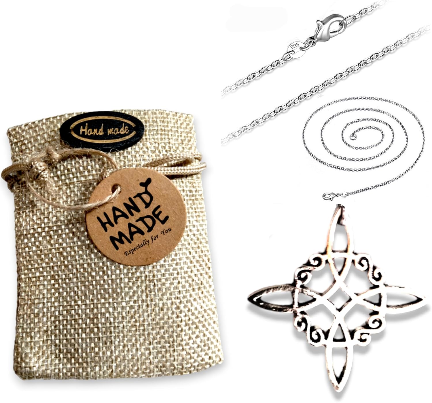 Detalle de Collar Nudo de Bruja de WORLD GOBLINS — Amuleto de Protección en Plata 12 µm (3 cm) con bolsa de yute hecha a mano