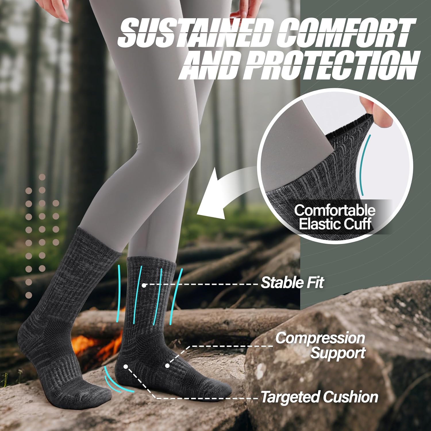 Detalle 2 de ANTSANG Merino Wool Hiking Socks, 5 Pairs with Cushioning & Mesh Ventilation