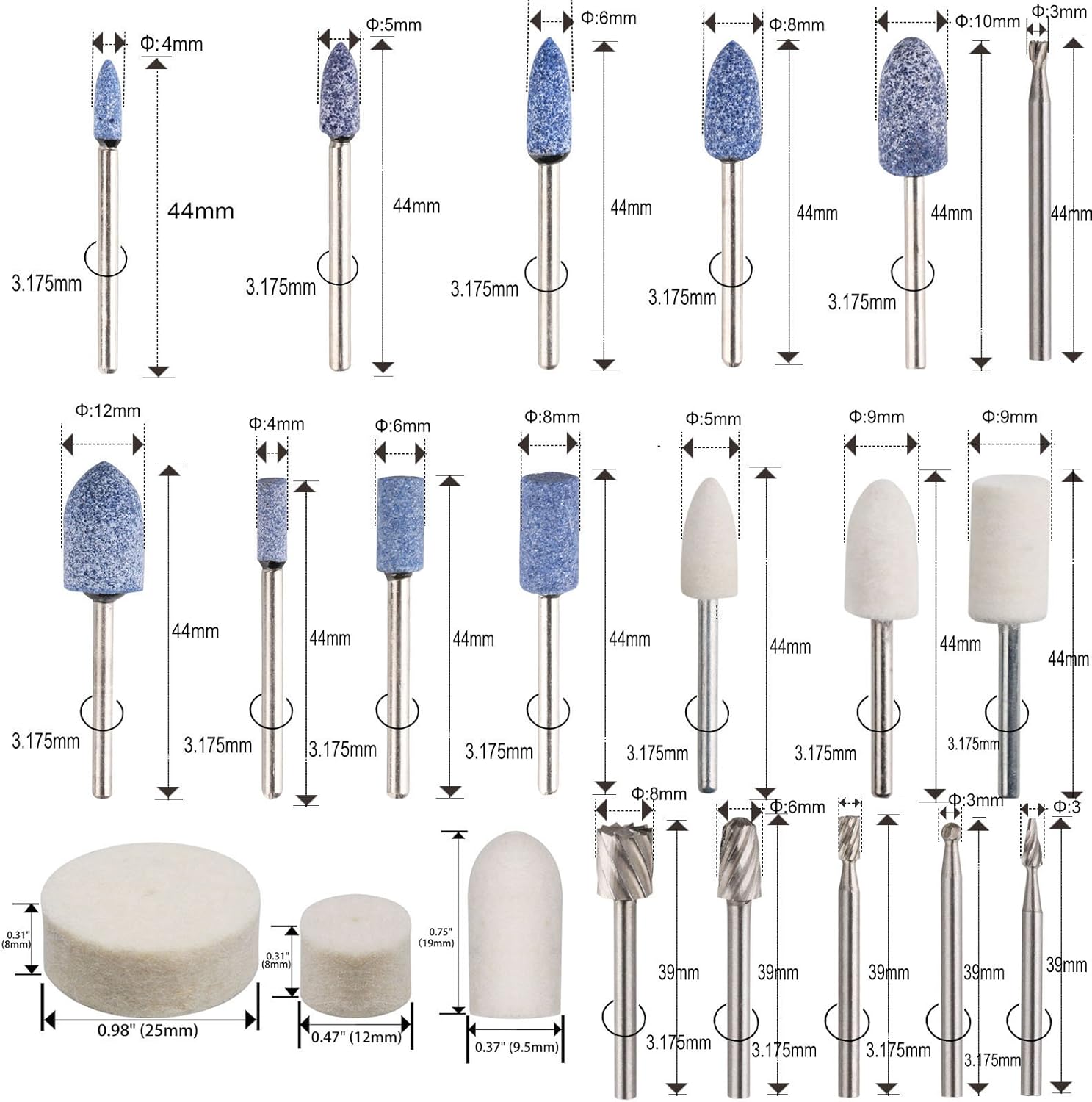 Detalle de Kit d’accessoires pour outil rotatif ZFE A0617 (217 pièces, 1/8" / 3,2 mm) avec 2 mandrins universels