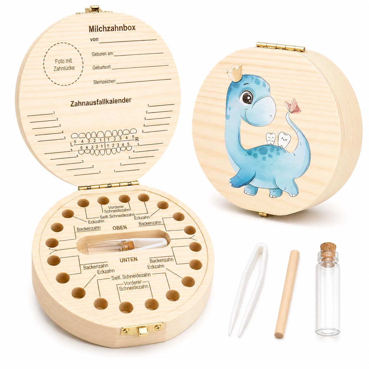 Detalle de Zahnbox Holz „Milchzähne Box“ – Aufbewahrungsbox für Baby-Zähne (Milchzahndose, quadratisch)