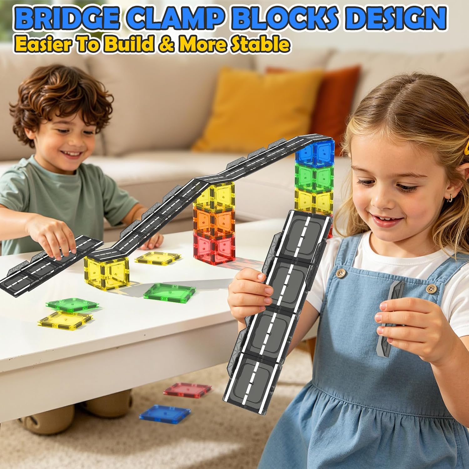 Detalle 2 de IGIVI Magnetic Tiles Road & Rail Clamp Pack with Road Pieces and Bridge Supports