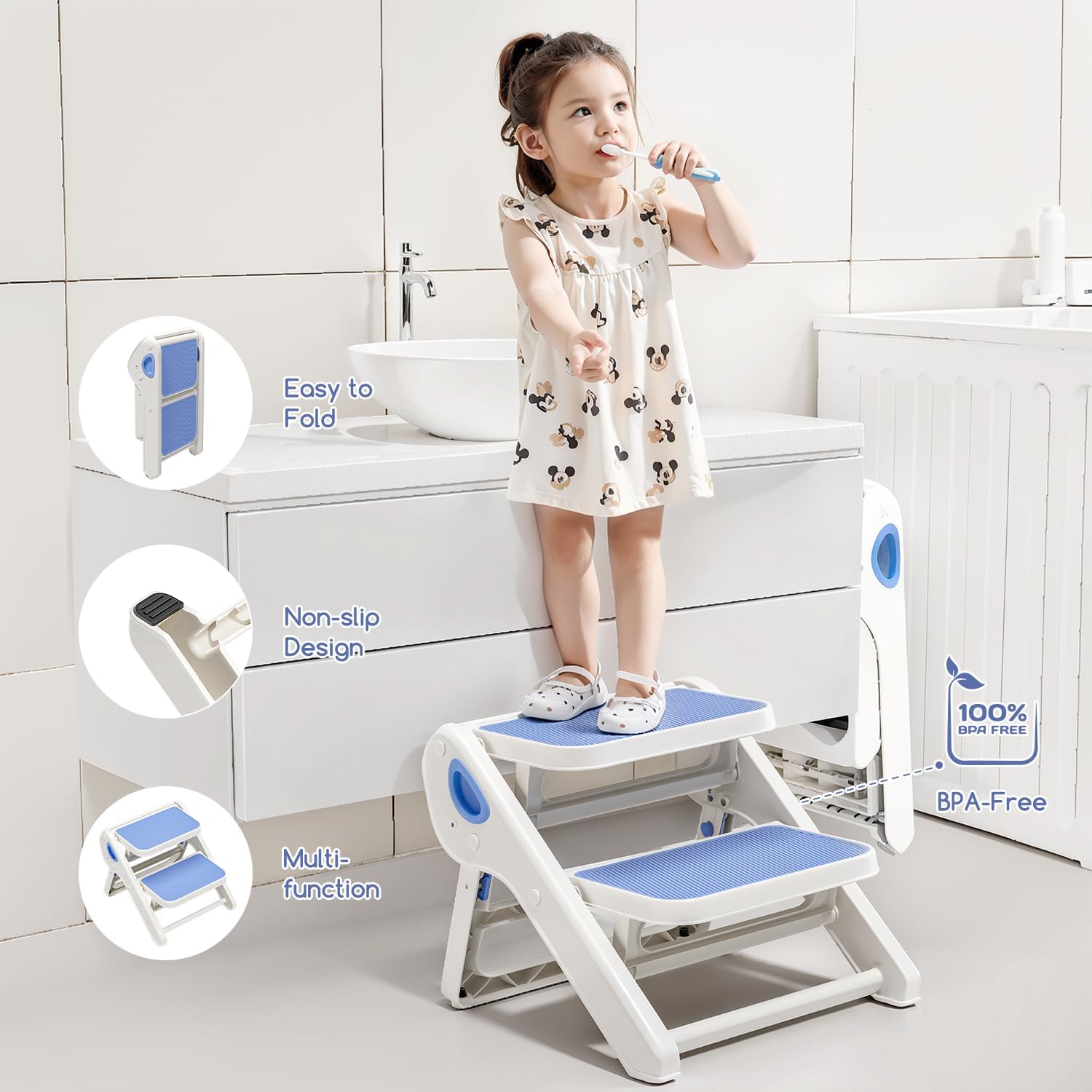 Detalle de MoreFeel 8106 Foldable 2-Step Toddler Stool, Blue Non-Slip Helper