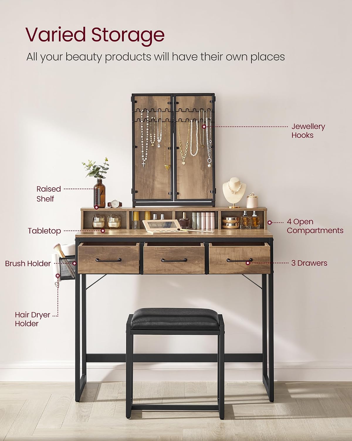 Thumbnail 2 de VASAGLE Dacey Collection RVT004B50 Dressing Table with Triple Mirror and Stool