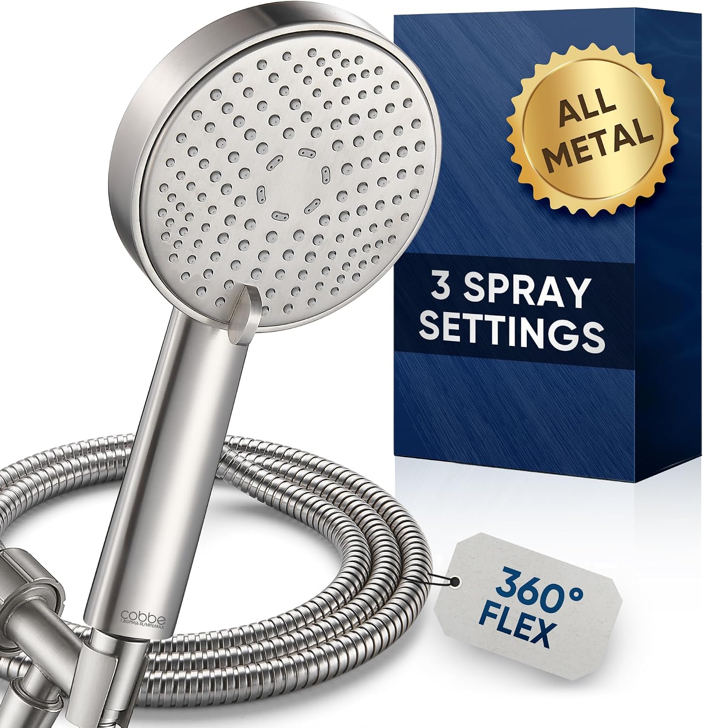 Detalle de Cobbe KSCP160-CA All-Metal Handheld Shower Head, 3 Settings, Brushed Nickel