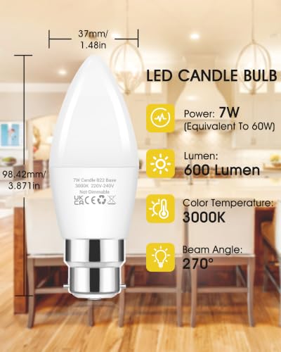 Thumbnail 6 de Flaspar Bayonet LED Bulbs 60W Equivalent, B22 Candle Bulbs, Warm White, 6 Pack