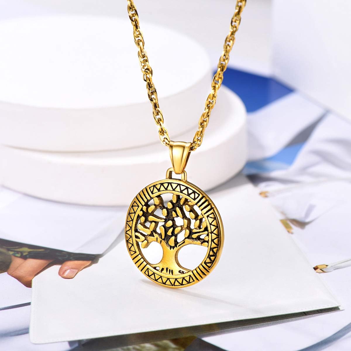 Detalle 2 de FOCALOOK Damen Halskette Edelstahl Baum des Lebens Anhänger – 55,9 cm + 5,1 cm Verlängerung, Yggdrasil Weltenbaum