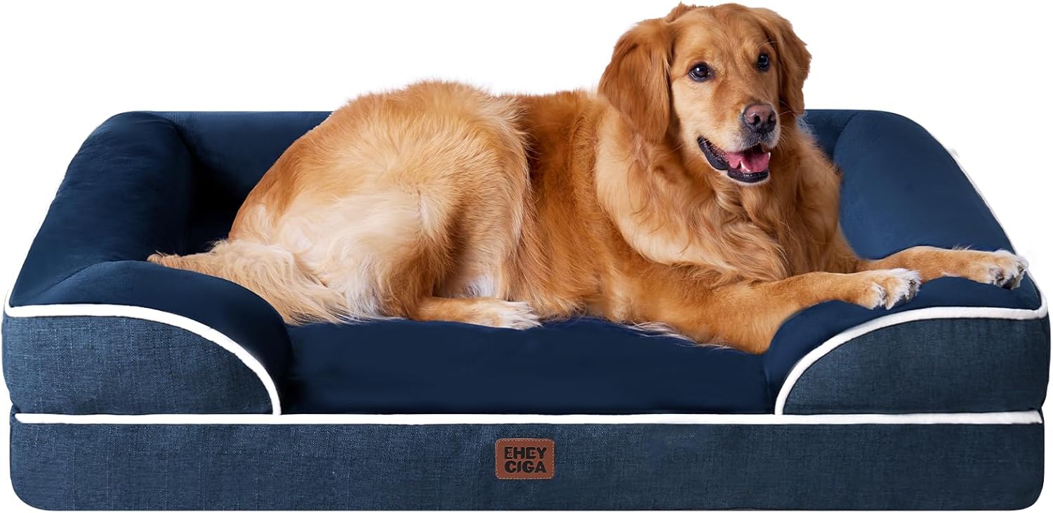 Detalle de EHEYCIGA Orthopädisches Hundebett XL 112x81 cm – Memory Foam, wasserdichtes Innenleben, rutschfeste Unterseite, Marineblau