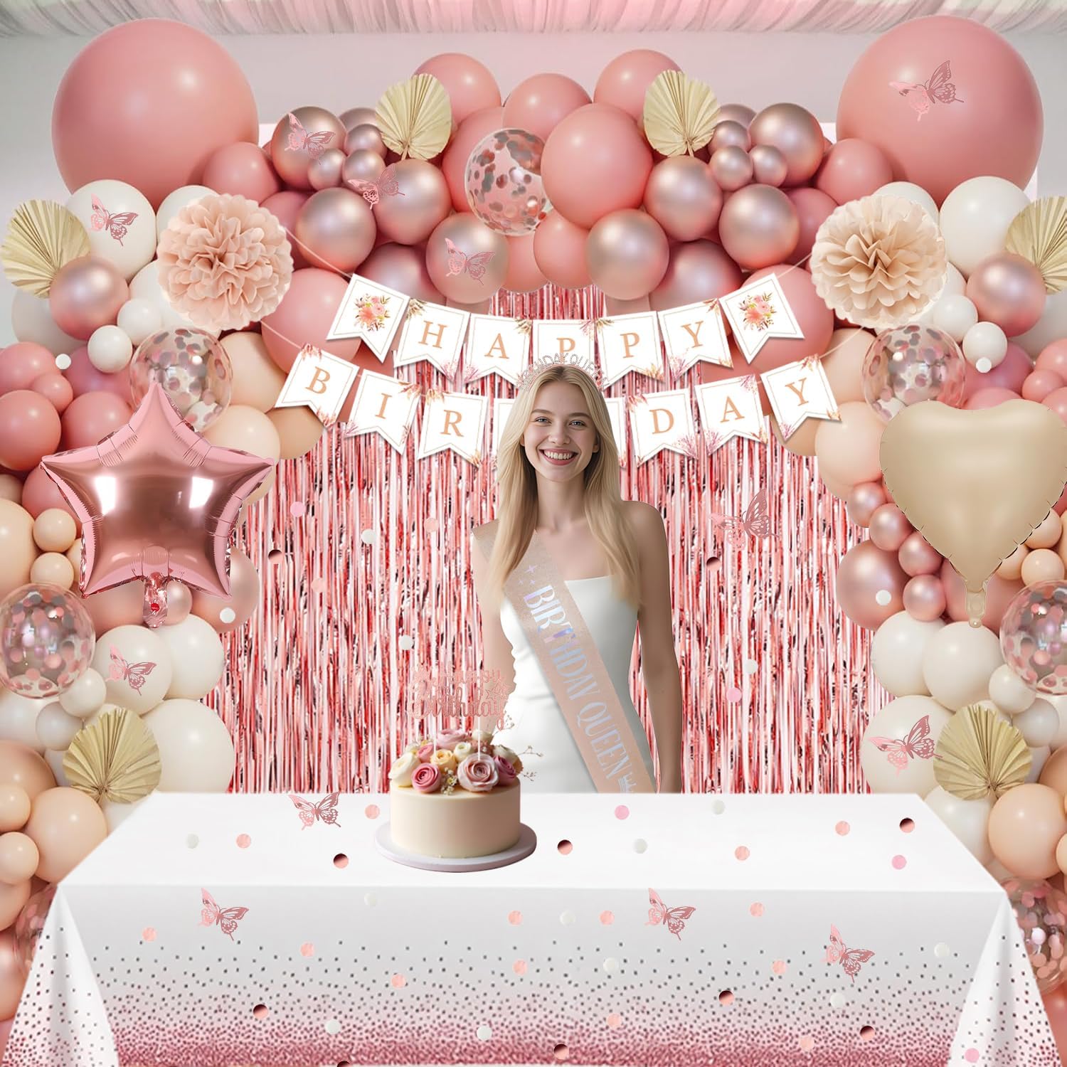 Thumbnail 1 de Retro Blush Pink Birthday Decorations Kit – Boho Gold & Dusty Pink Party Set