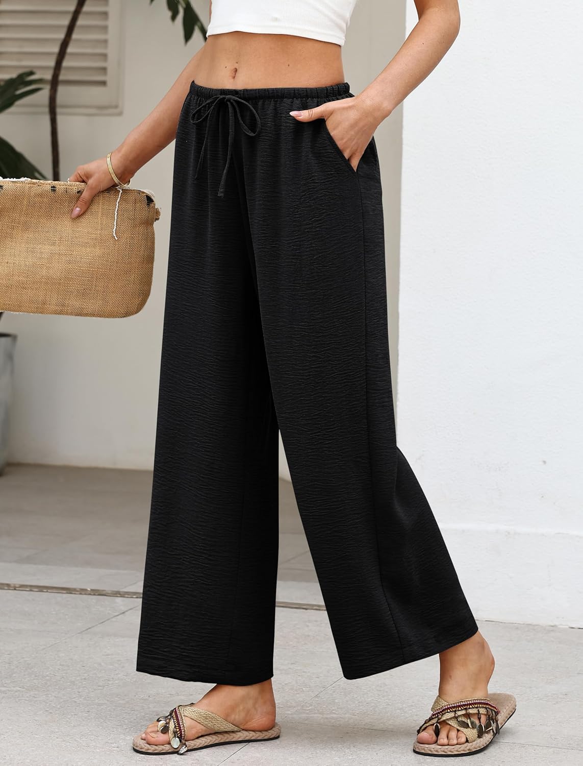 Thumbnail 3 de Sampeel Wide Leg Palazzo Pants for Women with Drawstring Elastic Waist and Pockets