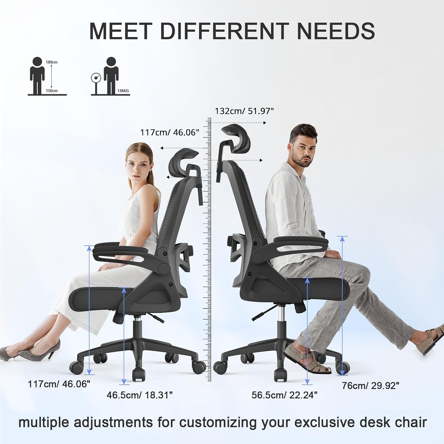 Detalle 2 de YONISEE Ergonomic Office Chair with Lumbar Support, Adjustable Armrests and Headrests (Black)
