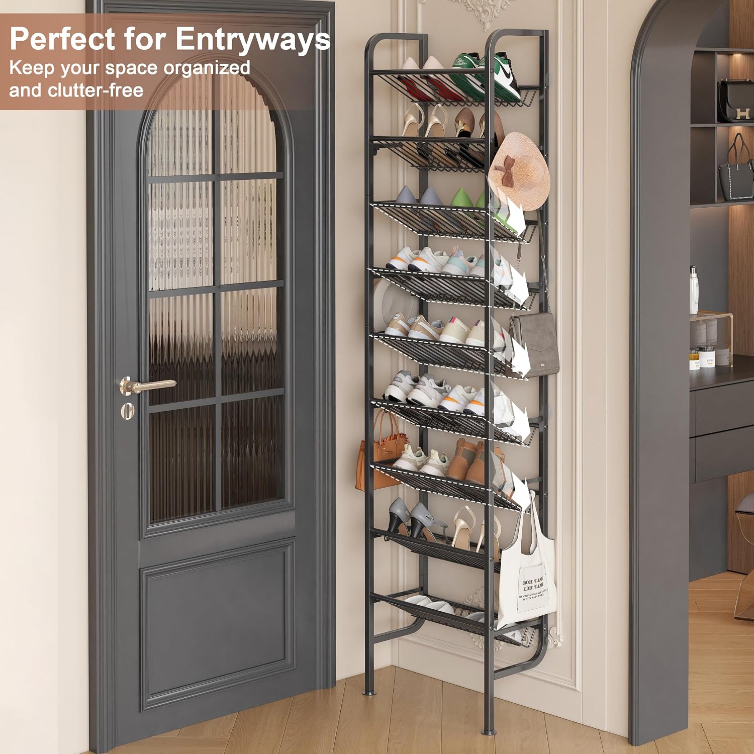 Detalle 2 de Ornestia 70554-9BK 9-Tier Narrow Shoe Rack with 12 Hooks, Black