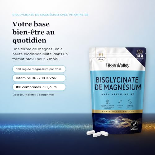 Thumbnail 1 de MAGNÉSIUM BISGLYCINATE 300 mg avec Vitamine B6 – BloomValley, 180 comprimés