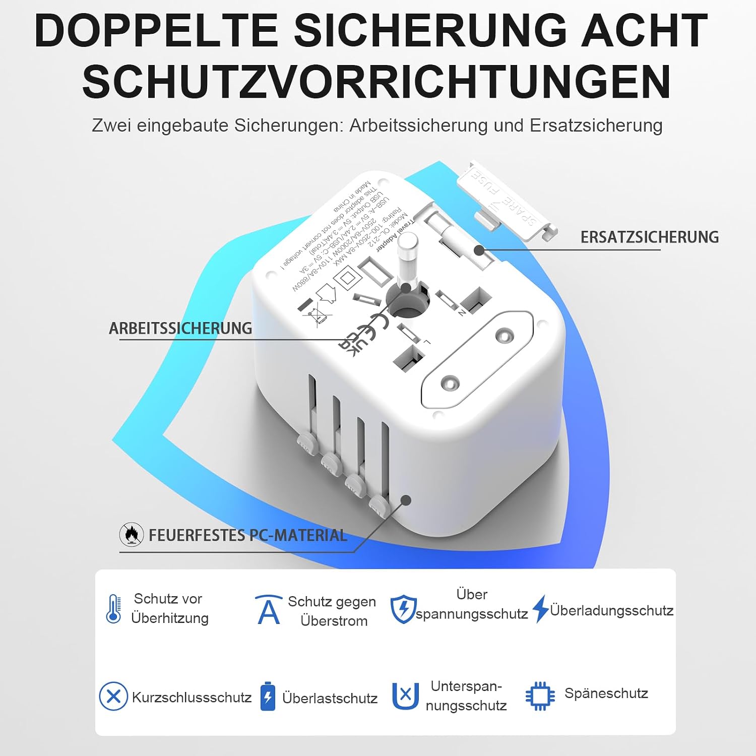 Detalle de VYLEE Reiseadapter Weltweit – 5-in-1 mit 2 USB-A, 2 USB-C und Universalsteckern