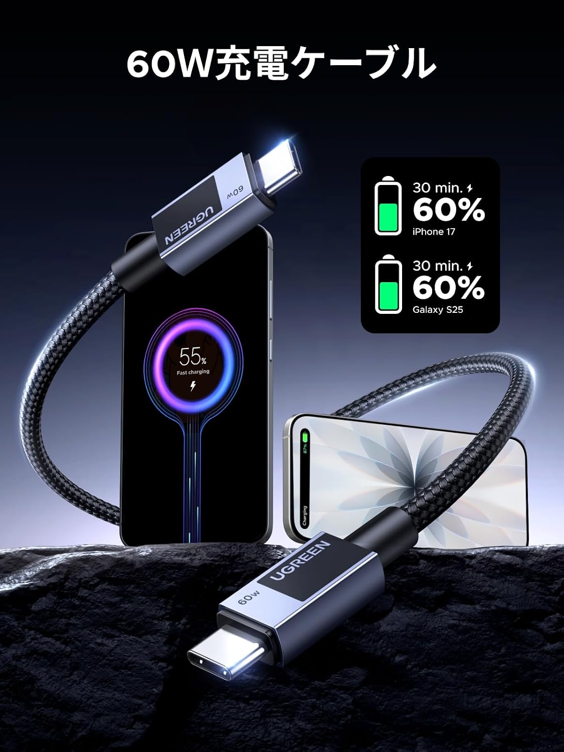 Detalle de UGREEN L524 USB-Cケーブル 2m、最大60W PD/PPS・480Mbps対応