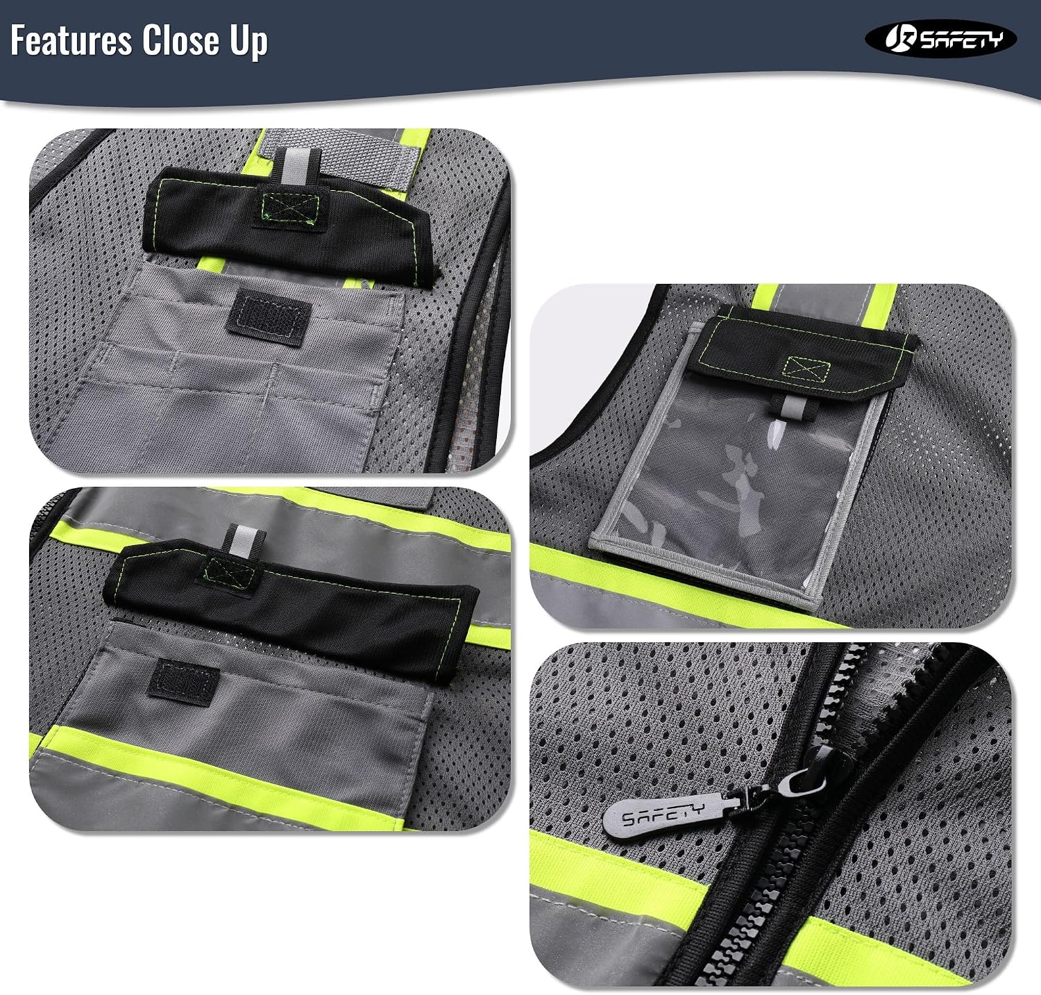 Detalle de JKSafety JK220 Safety Vest, Gray 4XL, Reflective Mesh with 4 Strips