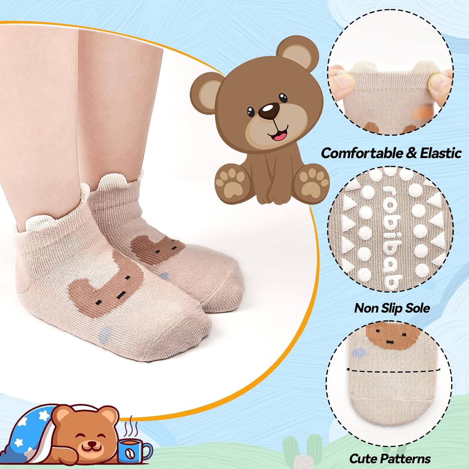 Thumbnail 2 de ELUTONG Toddler Non Slip Socks: 6 Pairs with Grip for 0–5 Years