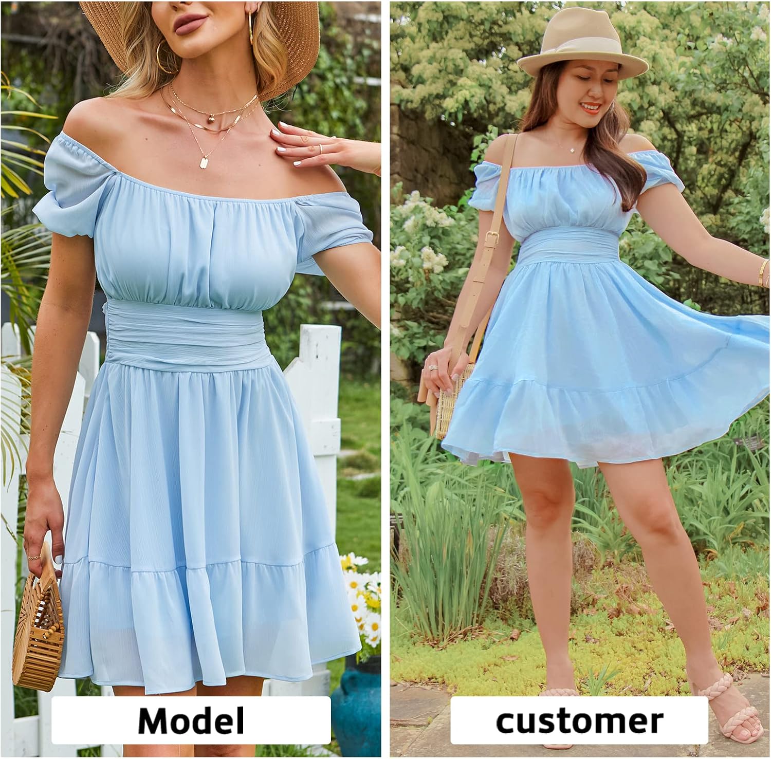 Detalle de EXLURA Women’s 2026 Summer Short Puff Sleeve Mini Dress with Tie Back & Square Neck