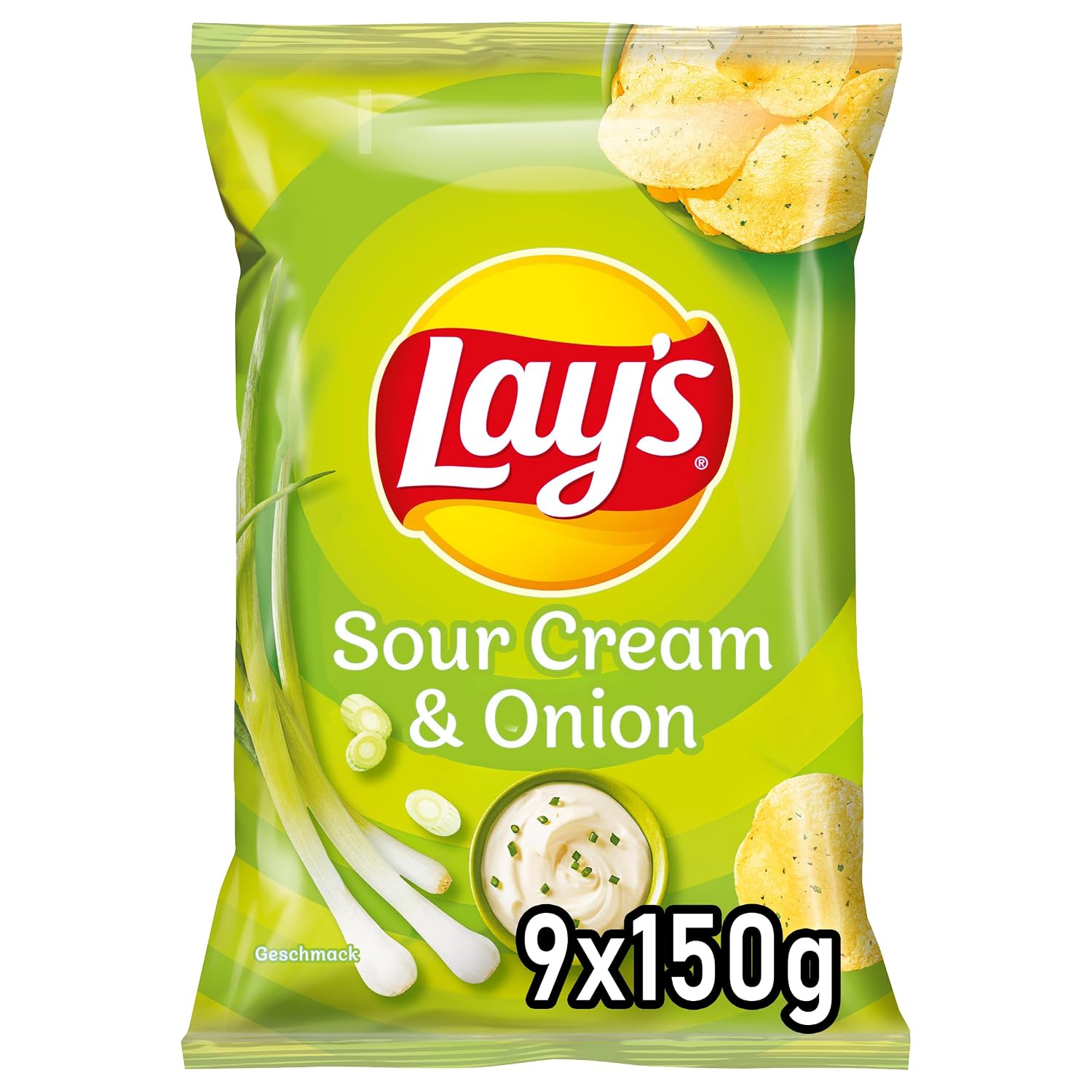 Detalle de Lay's Sour Cream & Onion Kartoffelchips 9×150 g 🥔