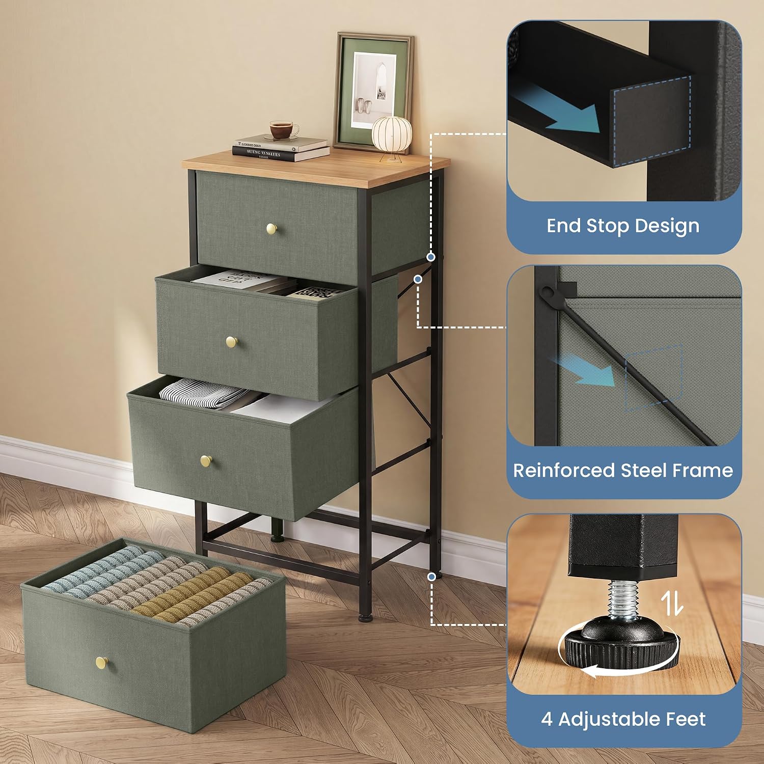 Detalle 2 de DUMOS Nightstand with 4 Fabric Drawers