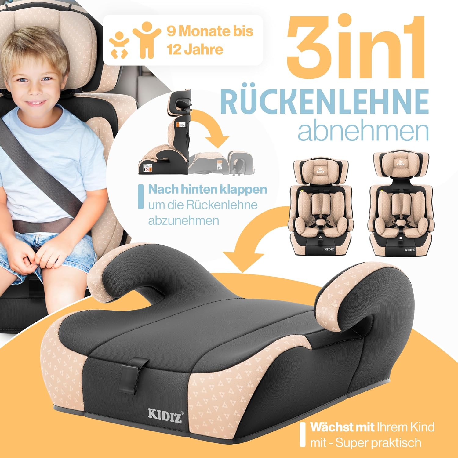 Detalle de KIDIZ Autokindersitz i-Size R129 (100–150 cm) bis 12 Jahre – Gruppe 1/2/3, 5-Punkt-Gurt, höhenverstellbare Kopfstütze, ohne Isofix