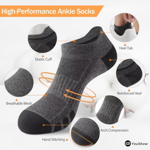 Detalle 2 de YouShow Mens Ankle Socks Size 9-12 UK – 10 Pairs, Black & Grey