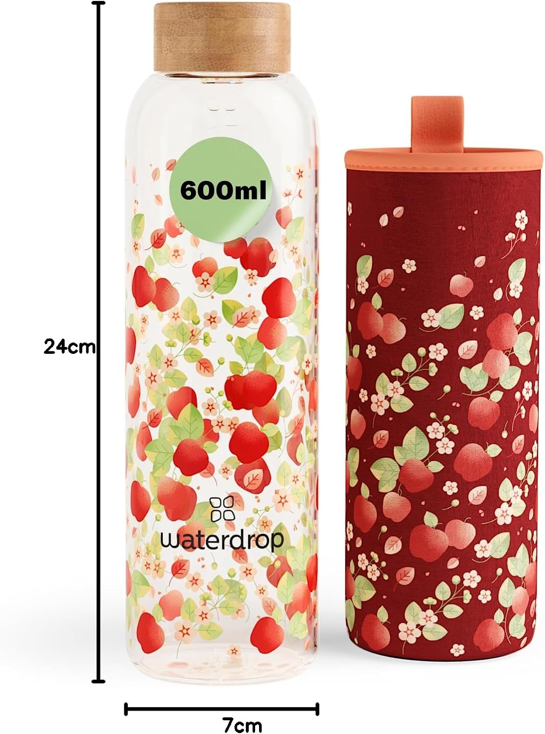 Thumbnail 6 de waterdrop Borraccia in Vetro 600ml – Tappo in Bambù e Custodia Neoprene, Antigoccia, Design Personalizzato