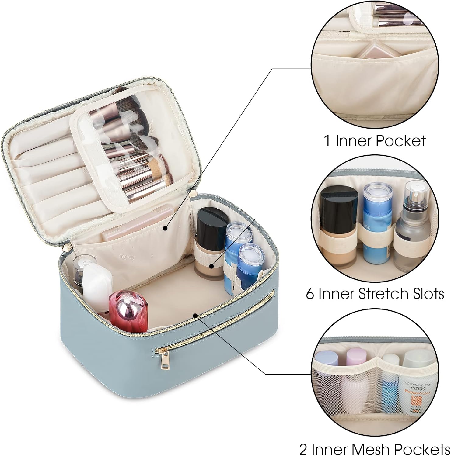 Detalle 2 de Wandering Nature Travel Makeup Bag with Brush Compartment (Greyish Blue) – PU Vegan Leather Case with Handle