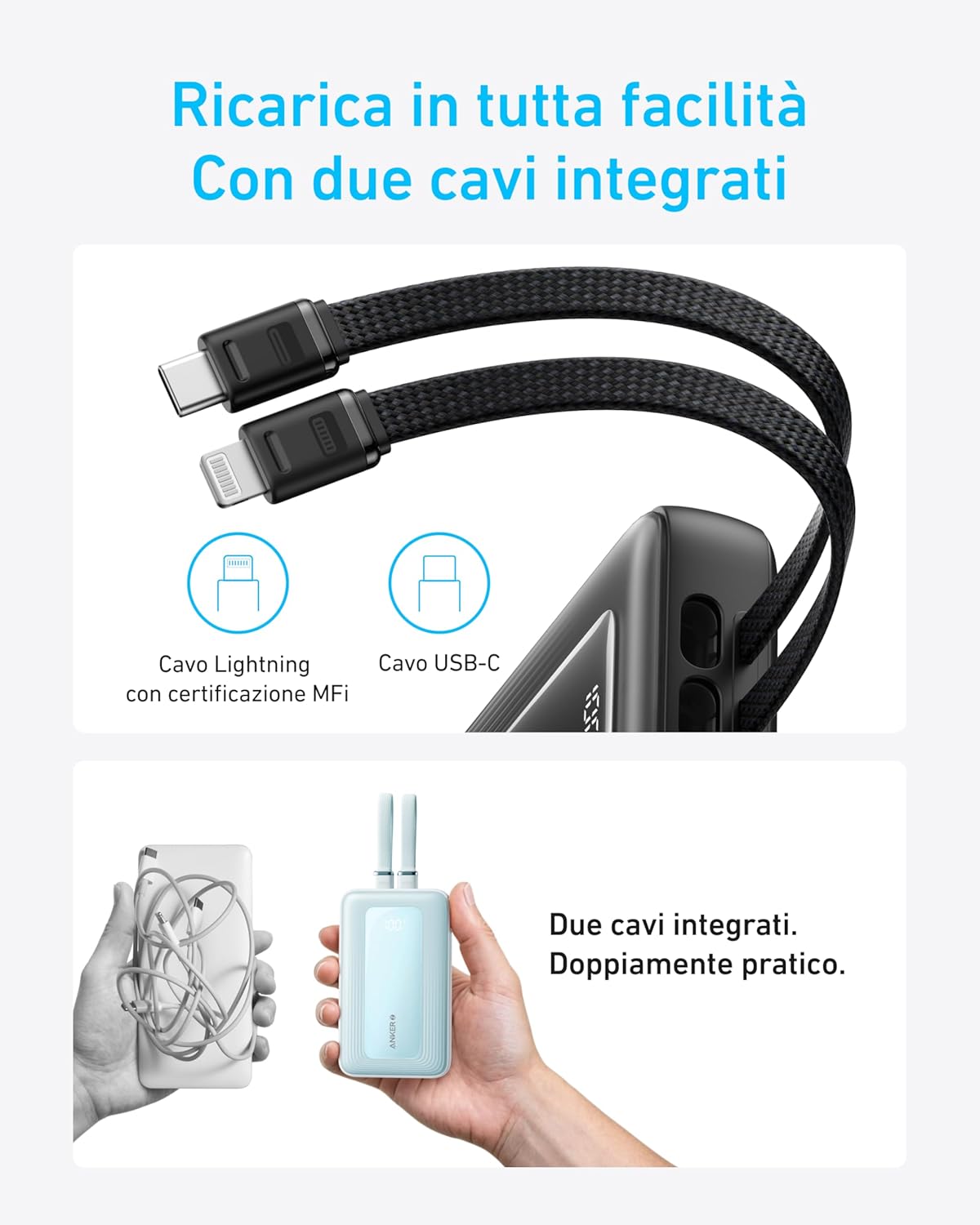 Detalle de Anker Power Bank 10000mAh 30W con cavi integrati Lightning e USB-C certificati MFi