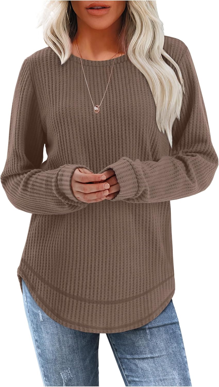 Detalle de WIHOLL Women's Waffle Knit Tunic Top, Long Sleeve, Curved Hem
