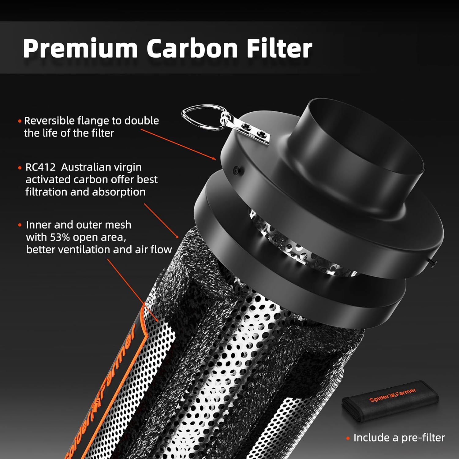 Detalle de Spider Farmer Aktivkohlefilter 100 mm (4 Inch) – Kohlefilter für Rohrventilator & Growzelt zur Geruchskontrolle