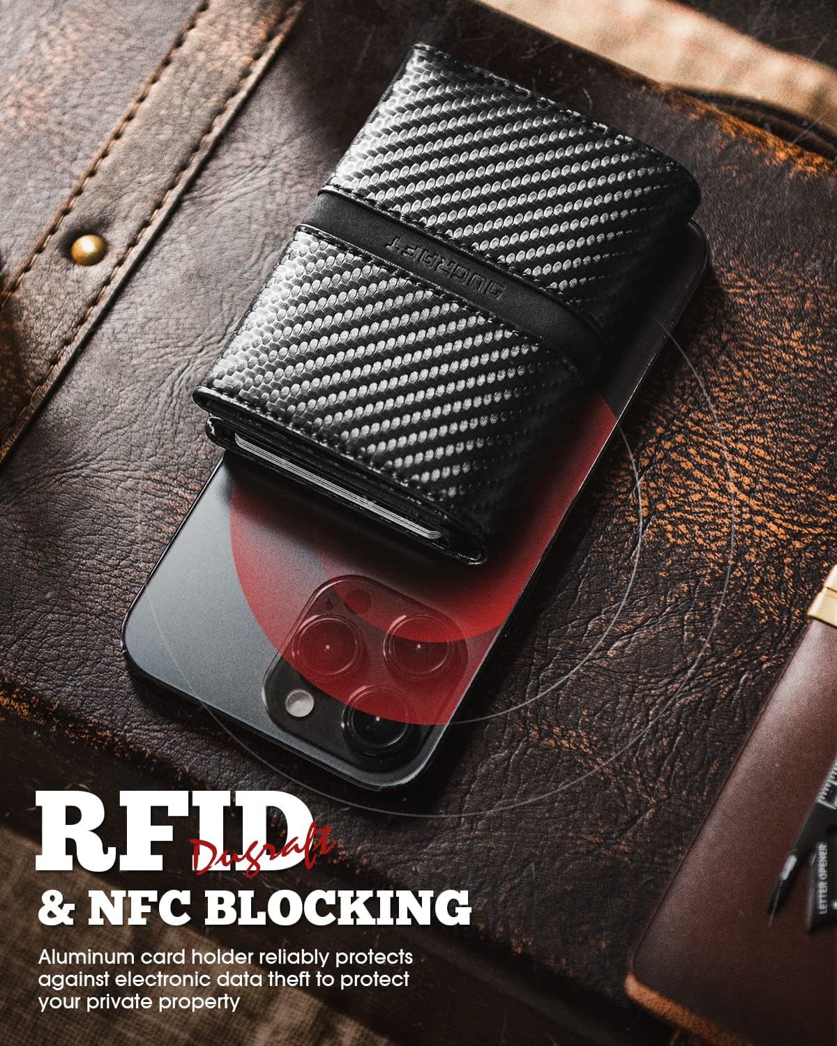 Detalle de DUGRAFT Mens Leather Wallet RFID Blocking with Pop Up Card Ejector, ID Window and 4 Extra Slots