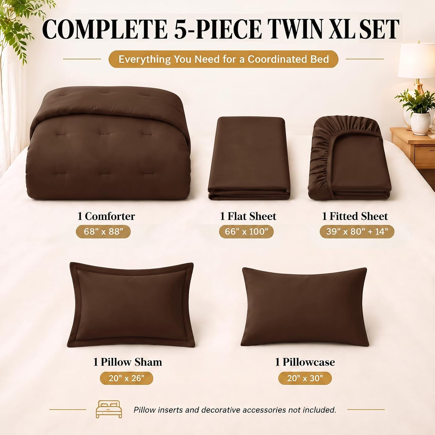 Detalle de CozyLux CLUS26G80R1TX Twin XL Comforter Set, 5-Piece Brown Bedding