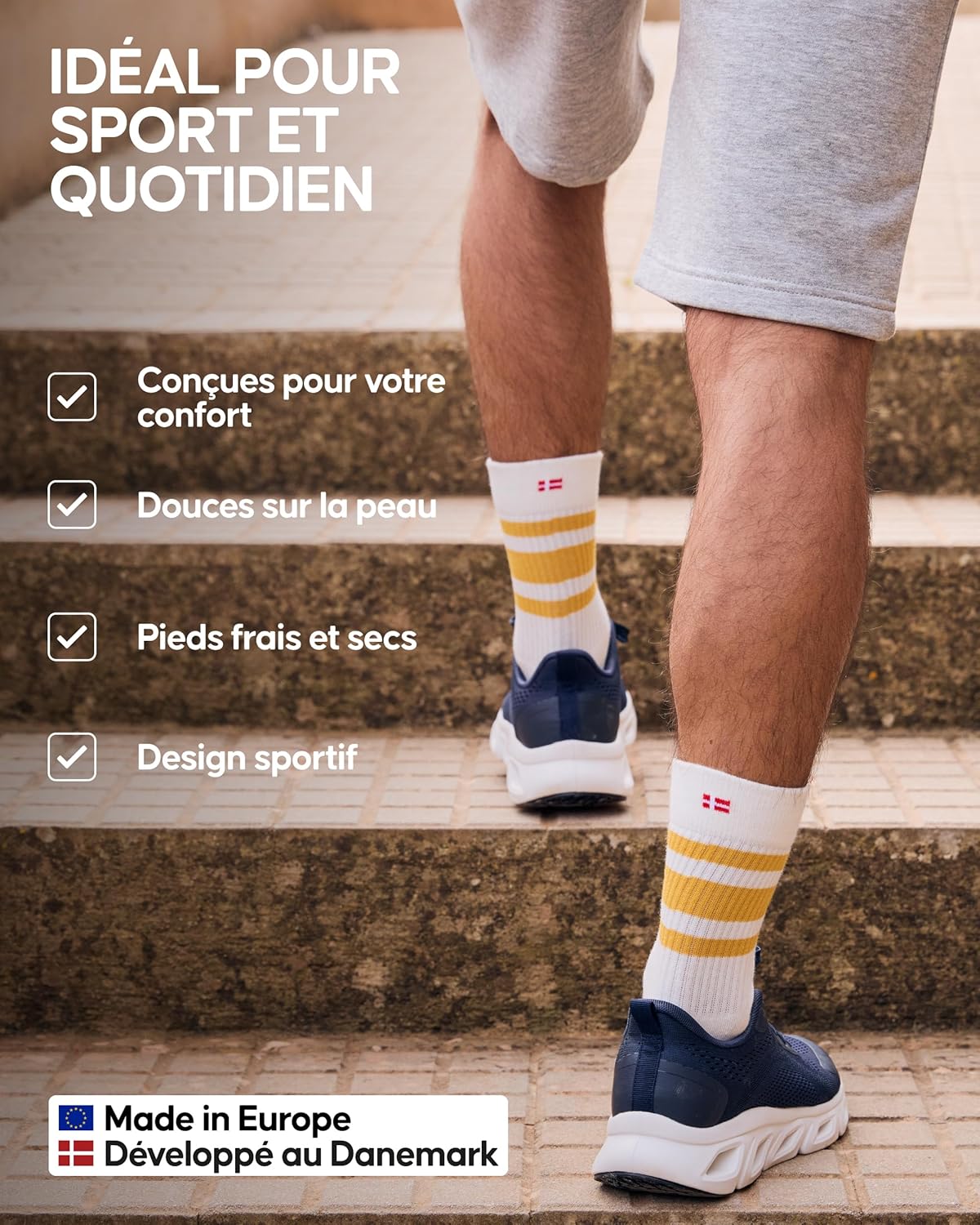 Thumbnail 2 de DANISH ENDURANCE Chaussettes de Tennis – Lot de 3 ou 6, coton bio rayé, rembourrées, pour homme et femme