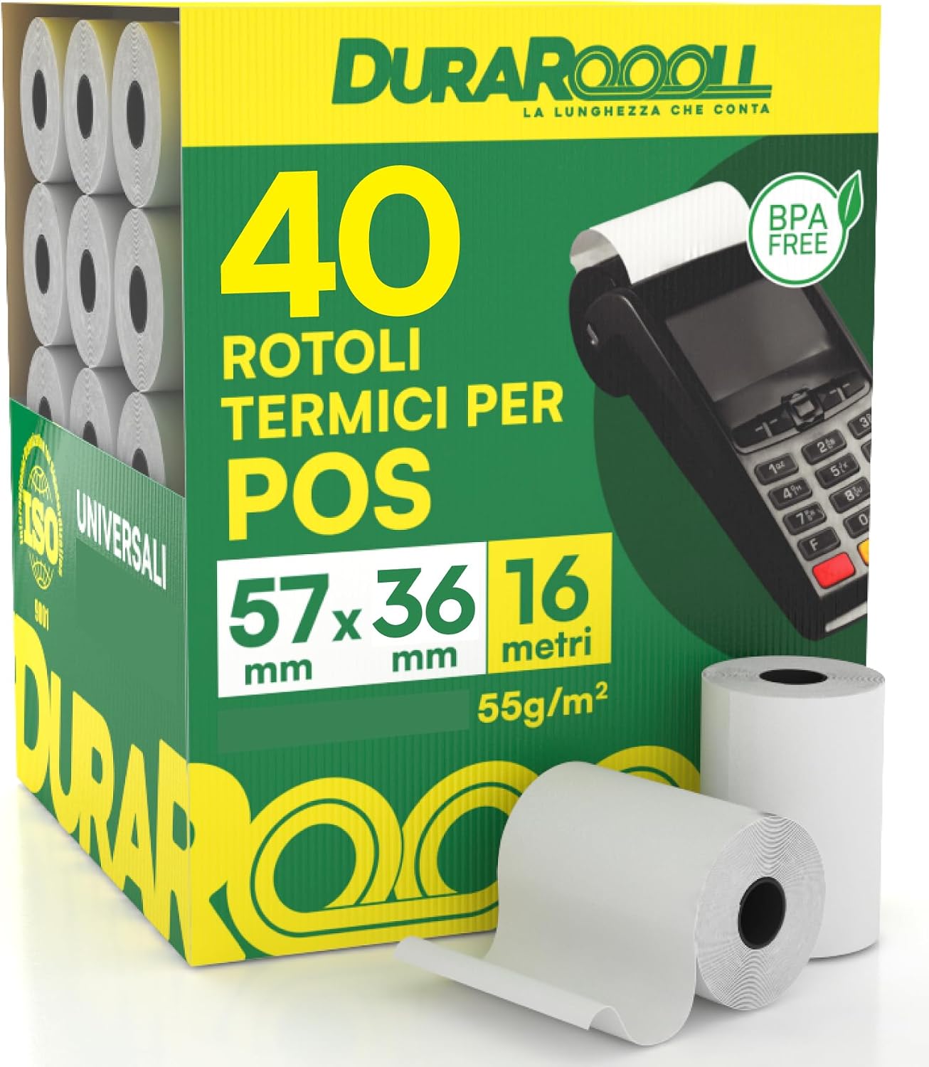 Detalle de 40 rotoli carta termica per POS 57x36 DuraRoooll, rulli per scontrini (16 m) compatibili con Nexi, SumUp, Pax, Axerve e Ingenico