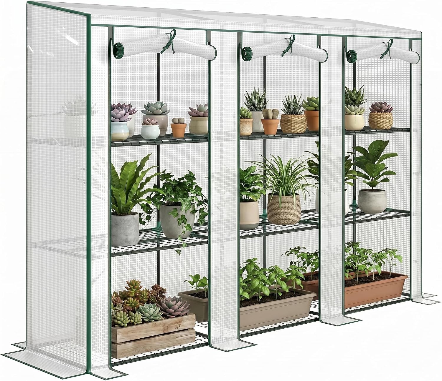 Detalle de Outsunny 84H-228V01WT tuinkas met 3 niveaus en 9 legplanken, wit