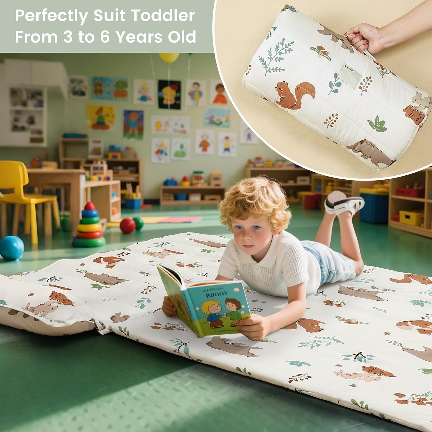 Detalle de PHF Toddler Nap Mat, Woodland, Removable Pillow, Roll-Up Design, 50" x 20