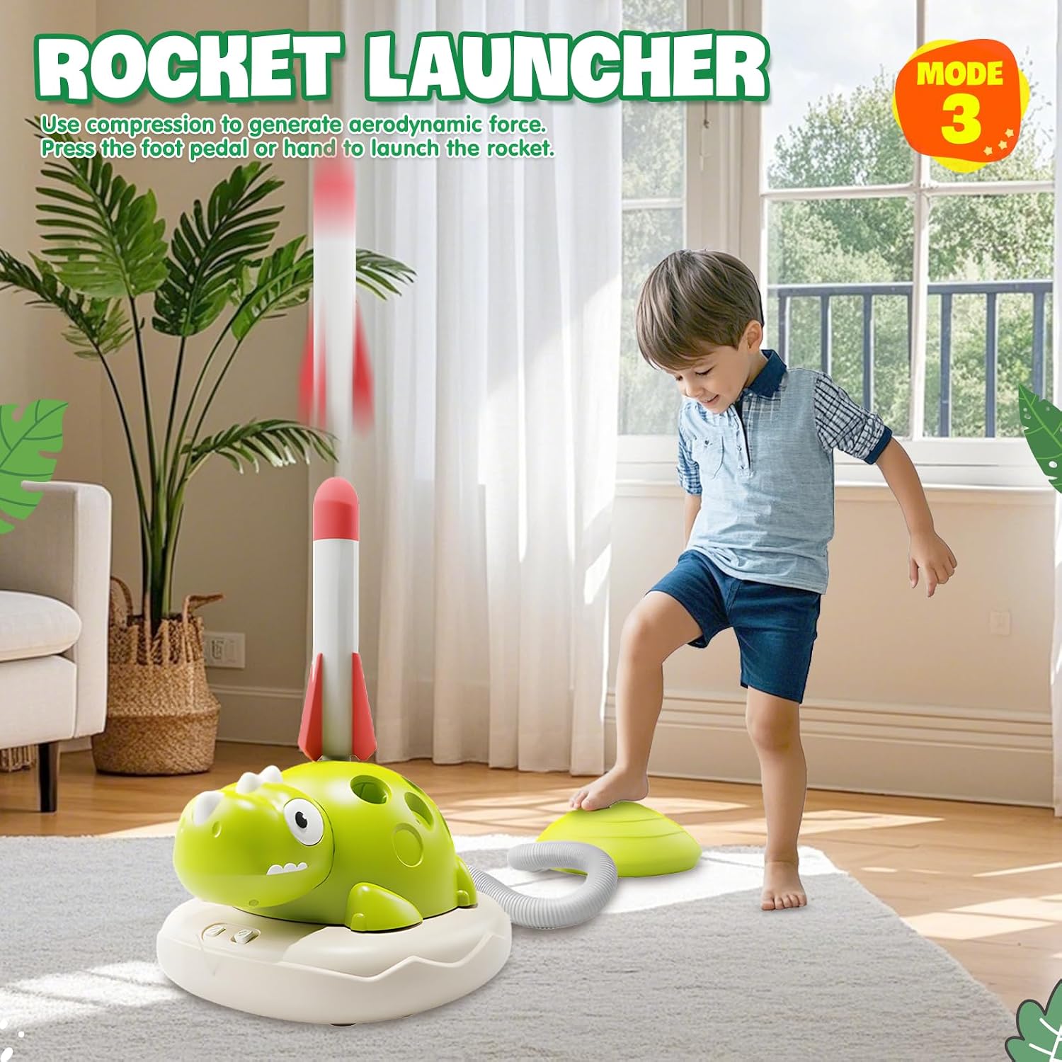 Detalle de DAOUZL 3 in 1 Spiele für Kinder – Raketenwerfer, Ringwurfspiel und Hüpfspiel im Dino-Design
