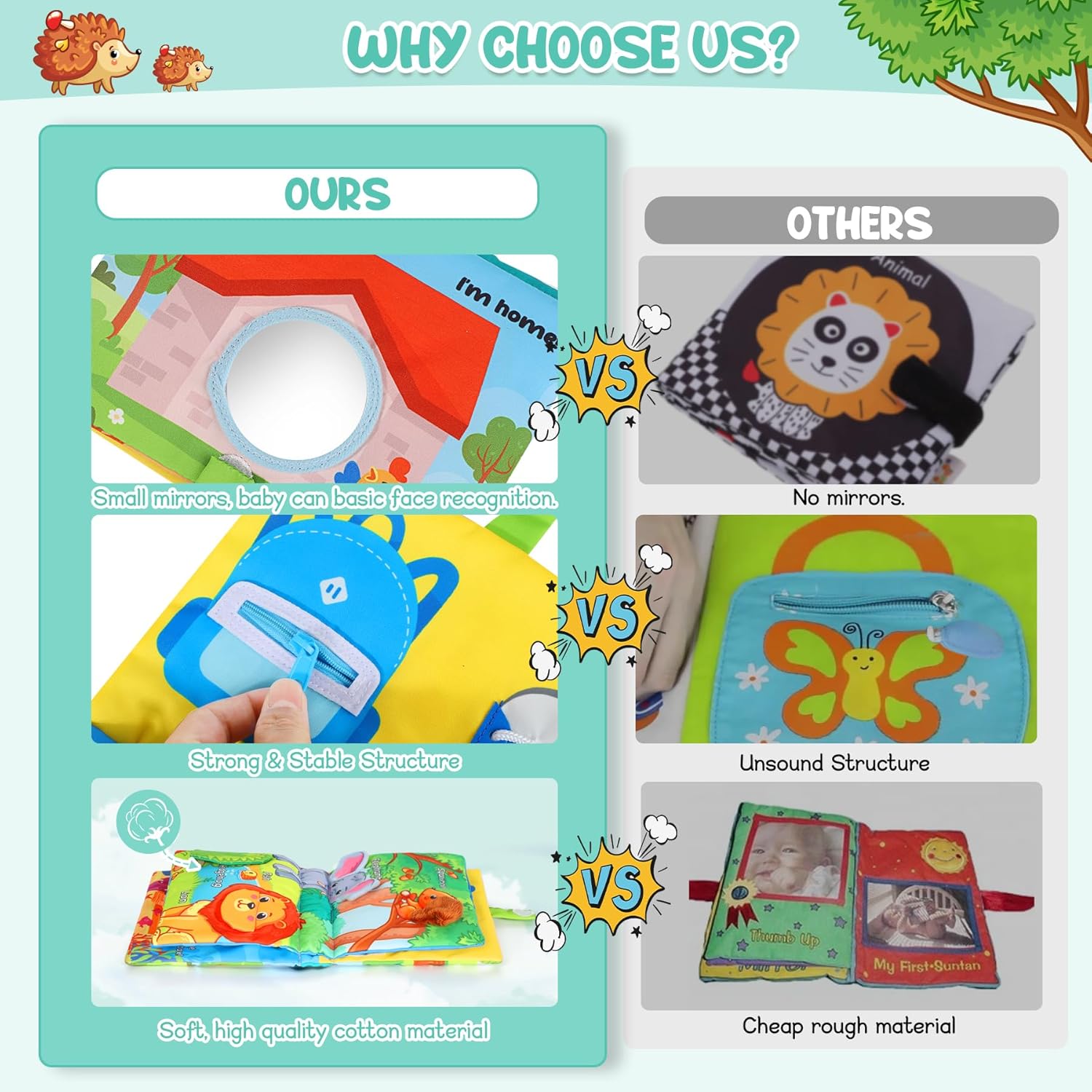 Thumbnail 4 de URMYWO Stoffbuch Baby mit Spiegel, Knisterbuch & Beißring – Quiet Book für 0–12 Monate