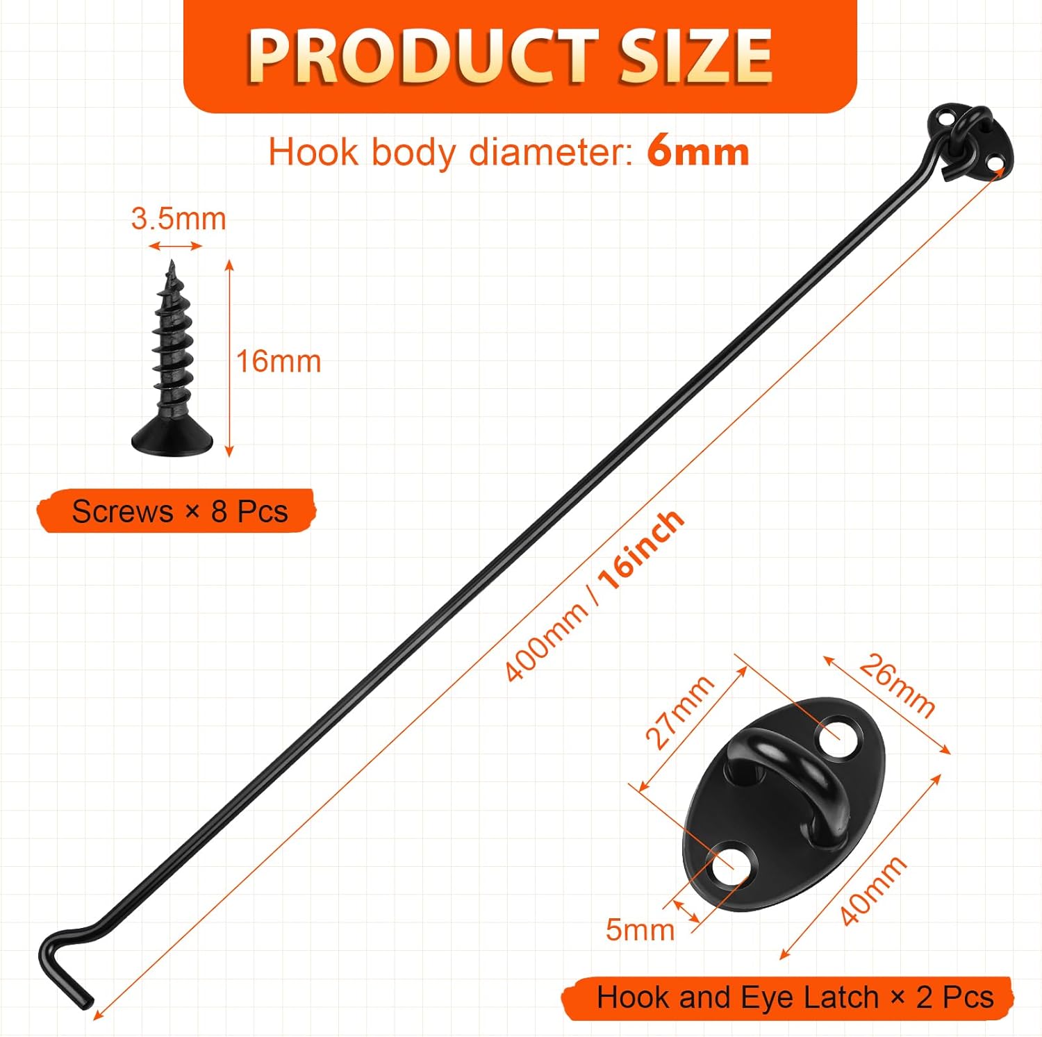 Detalle de 16 Inch Hook and Eye Latch (2-Pack) Stainless Steel – Black Cabin Door Gate Lock with Screws