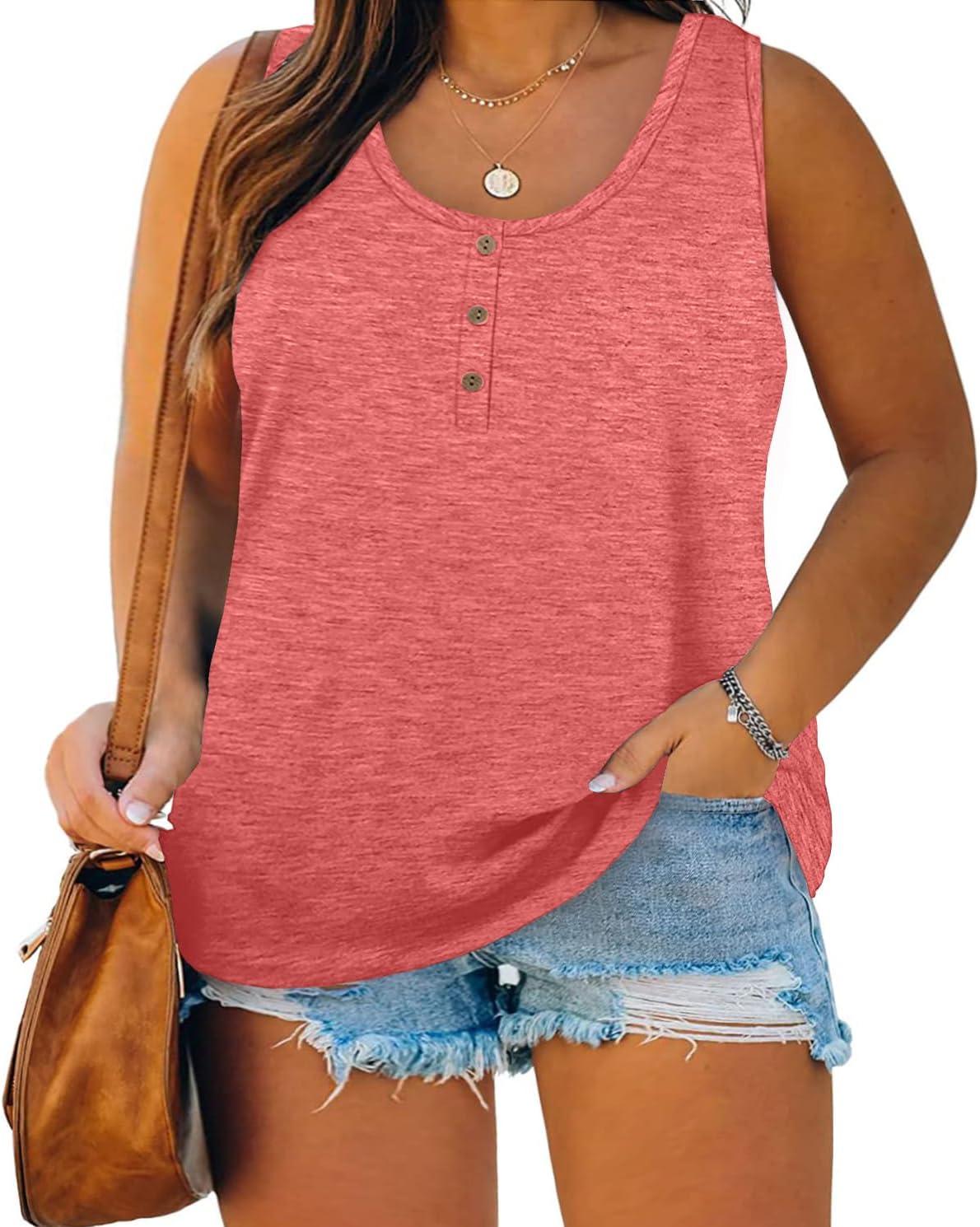 Detalle de Fisoew Women's Plus Size Tank Top with Scoop Neck and Button Details