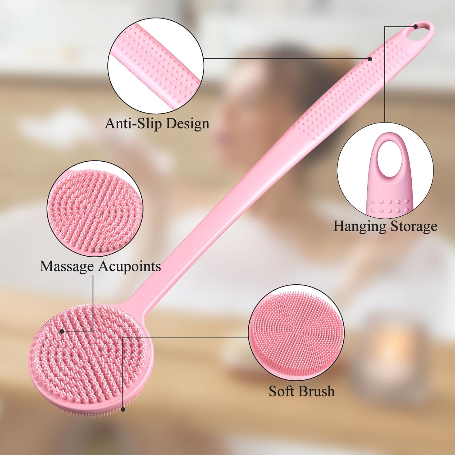 Detalle 2 de Silicone Body Scrubber – Exfoliating Back Scrubber with Long Handle, Double Sided (Pink)